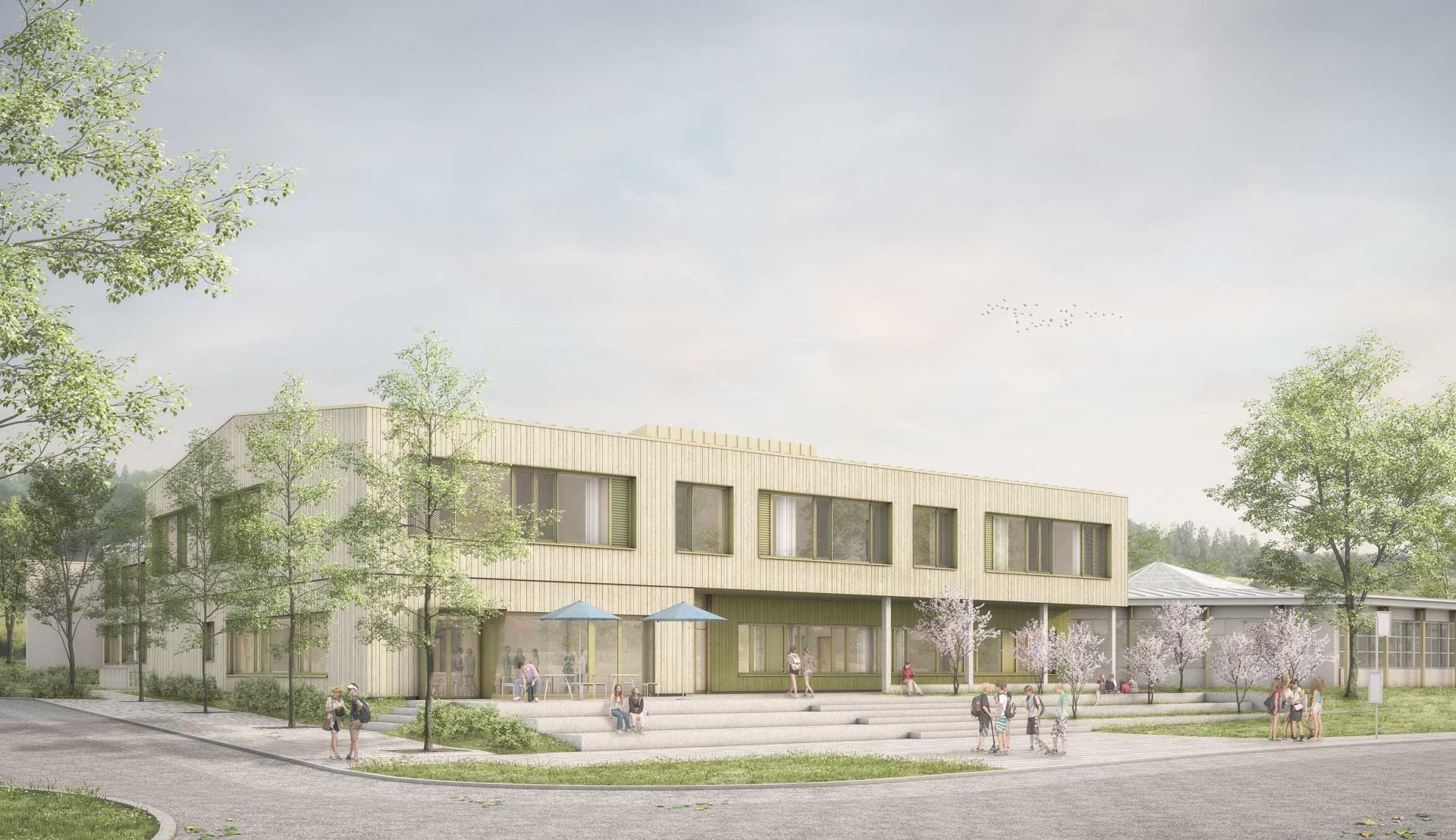 Erweiterung und Sanierung Don Bosco-Schule Stappenbach -Außenperspektive by Nickel und Wachter Architekten